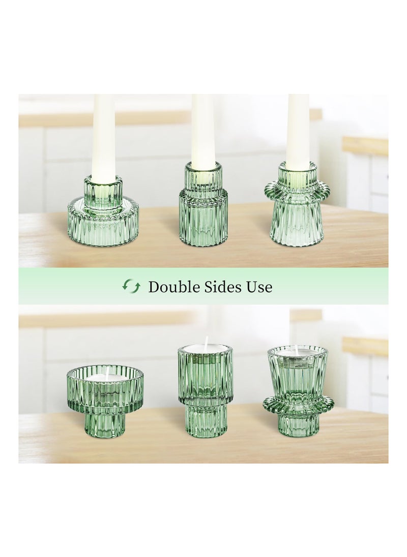 Taper Votive Candle Holder for Pillar Candles Tealight Candlestick Wedding Tea Party Boho Ribbed Vintage Crystal Glass Table Centerpiece Decor Bulk Set of 3 Green