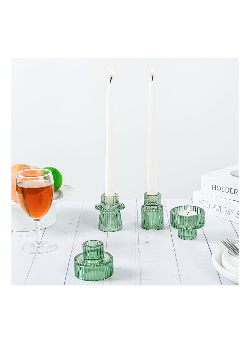 Taper Votive Candle Holder for Pillar Candles Tealight Candlestick Wedding Tea Party Boho Ribbed Vintage Crystal Glass Table Centerpiece Decor Bulk Set of 3 Green