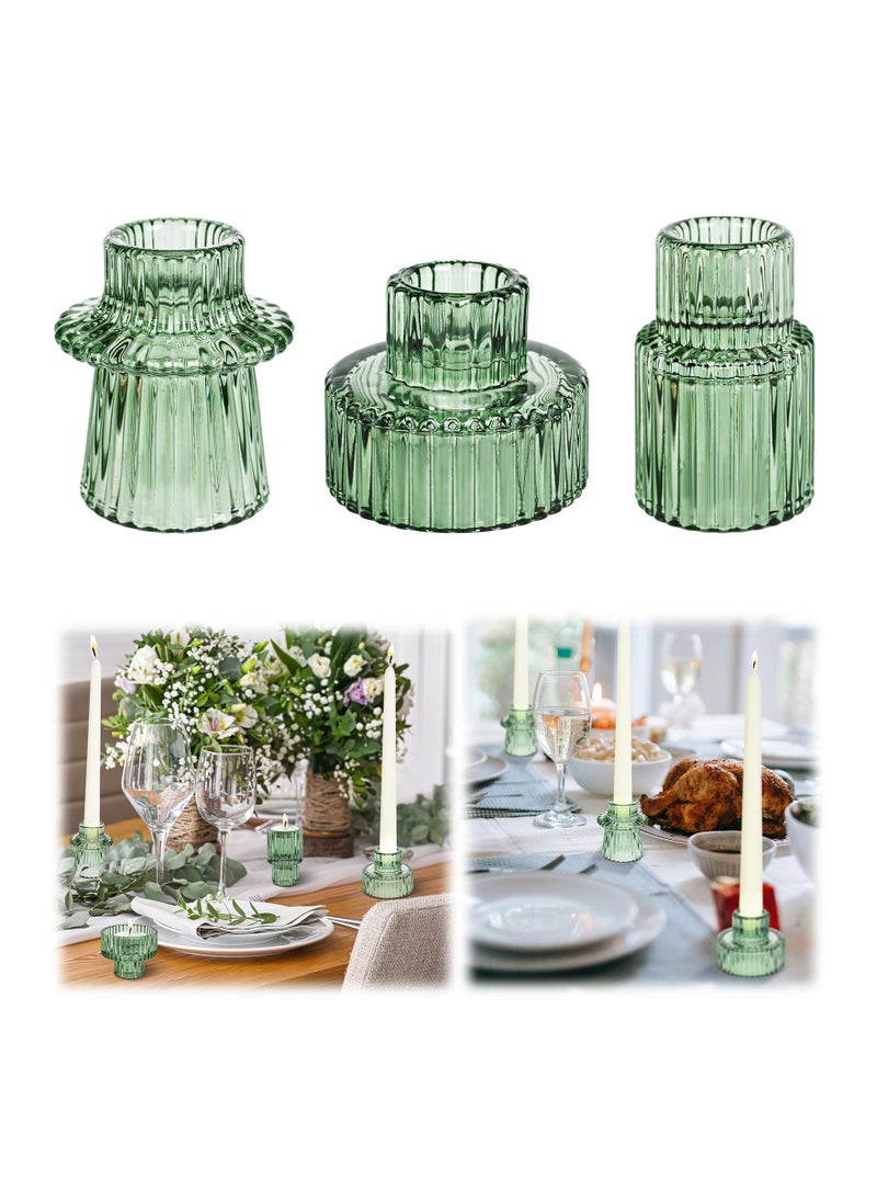 Taper Votive Candle Holder for Pillar Candles Tealight Candlestick Wedding Tea Party Boho Ribbed Vintage Crystal Glass Table Centerpiece Decor Bulk Set of 3 Green