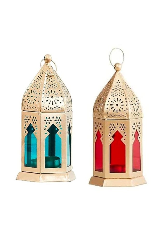 Small Moraccan Lantern Lamp with t Light Candle Holder Antique Collection Decorative Hanging Lantern for ramdan eid Set of 2 Red and Blue