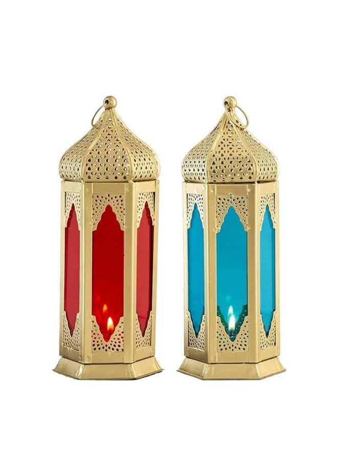 Large Moraccan Lantern Lamp with t Light Candle Holder Decorative Hanging Lantern for ramdan Decoration Set of 2 Red and Blue