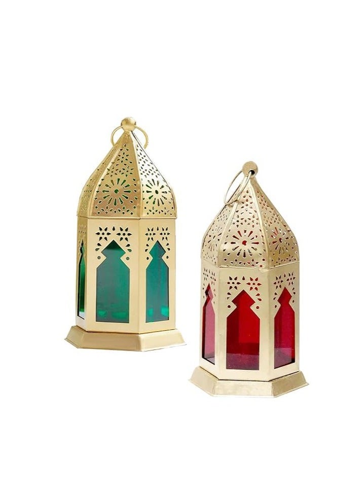 Small Moraccan Iron Lantern Lamp With T Light Candle Holder Antique Collection Decorative Hanging Lantern For Ramzan Eid Diwali Set Of 2 Red Red Green