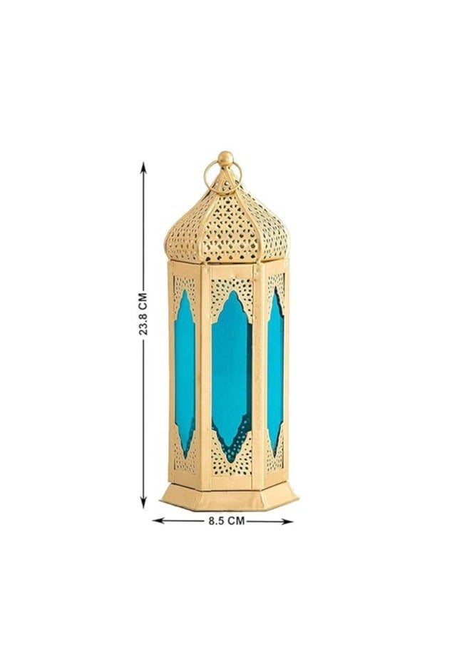 Large Moraccan Lantern Lamp with t Light Candle Holder Decorative Hanging Lantern for ramdan Decoration Set of 2 Blue