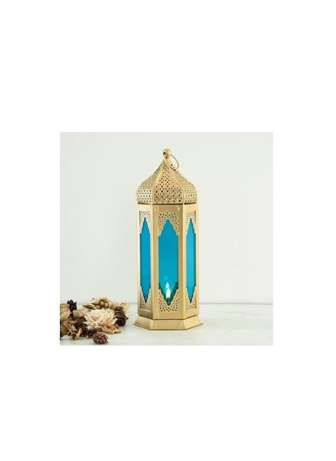 Large Moraccan Lantern Lamp with t Light Candle Holder Decorative Hanging Lantern for ramdan Decoration Set of 2 Blue