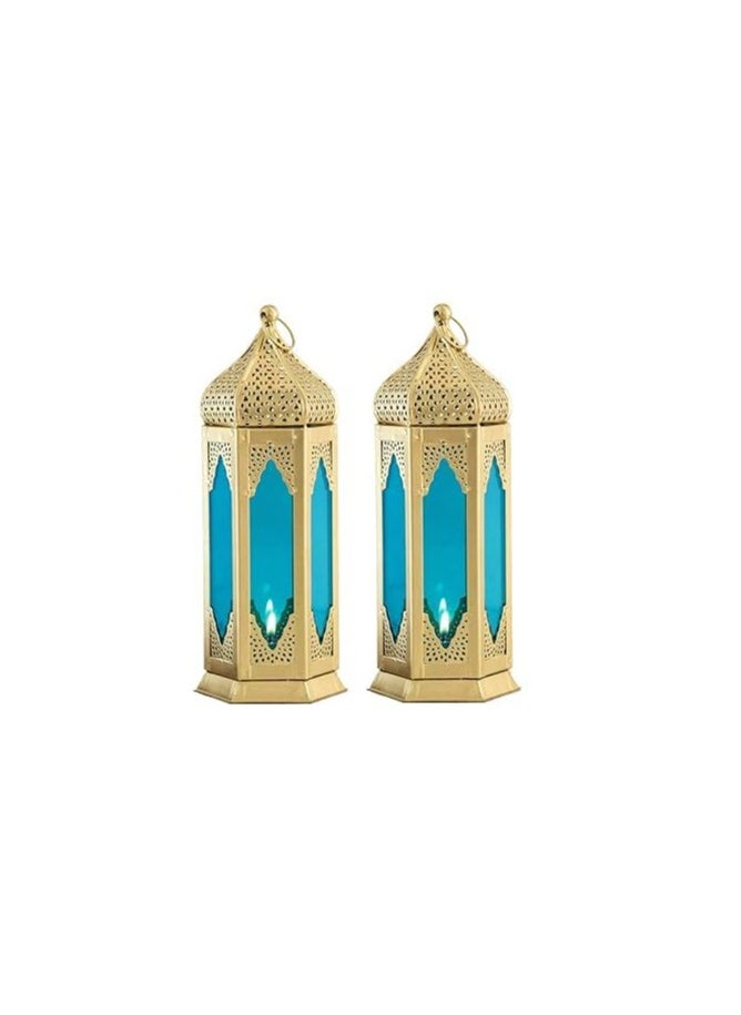 Large Moraccan Lantern Lamp with t Light Candle Holder Decorative Hanging Lantern for ramdan Decoration Set of 2 Blue