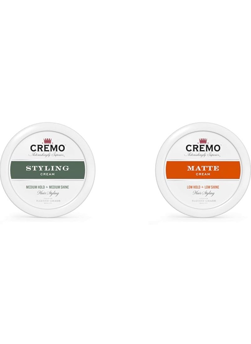 Cremo Premium Barber Grade Hair Styling Cream, Medium Hold, Medium Shine, 4 Oz & Premium Barber Grade Hair Styling Matte Cream, Light Hold, Low Shine, 4 Oz