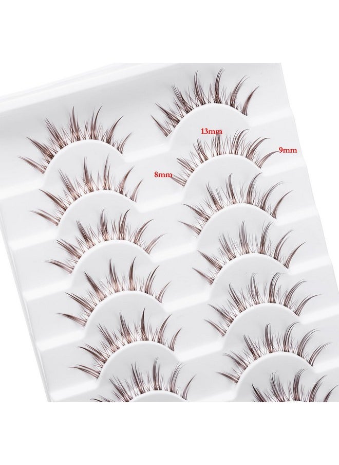 10 Pairs Brown Lashes Clear Band Brown Manga Lashes Japanese Anime Cosplay Brown Eyelashes Asian False Eyelashes Natural Look Like Individual Clusters (A06-Brown Manga Lashes 8-13Mm)