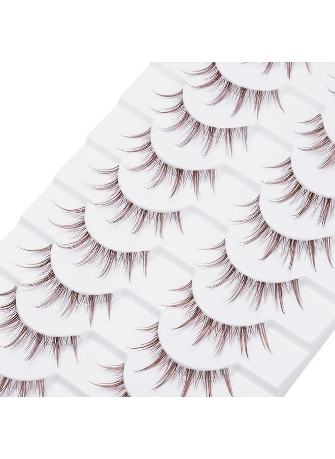 10 Pairs Brown Lashes Clear Band Brown Manga Lashes Japanese Anime Cosplay Brown Eyelashes Asian False Eyelashes Natural Look Like Individual Clusters (A06-Brown Manga Lashes 8-13Mm)