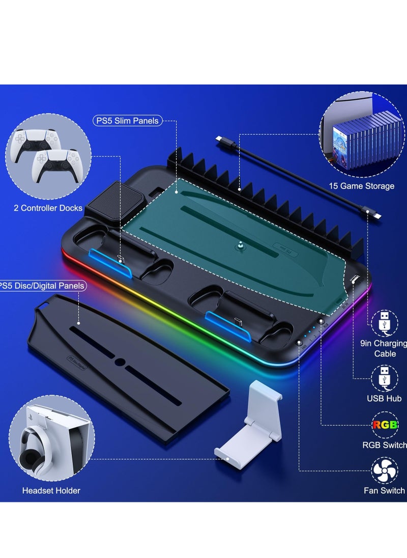 PS5 Slim Stand and Turbo Cooling Station with Controller Charging Station for Playsation 5, PS5 Accessories Incl. 3 Levels Cooling Fan, RGB Light, Headset Holder for PS5 Digital/Disc