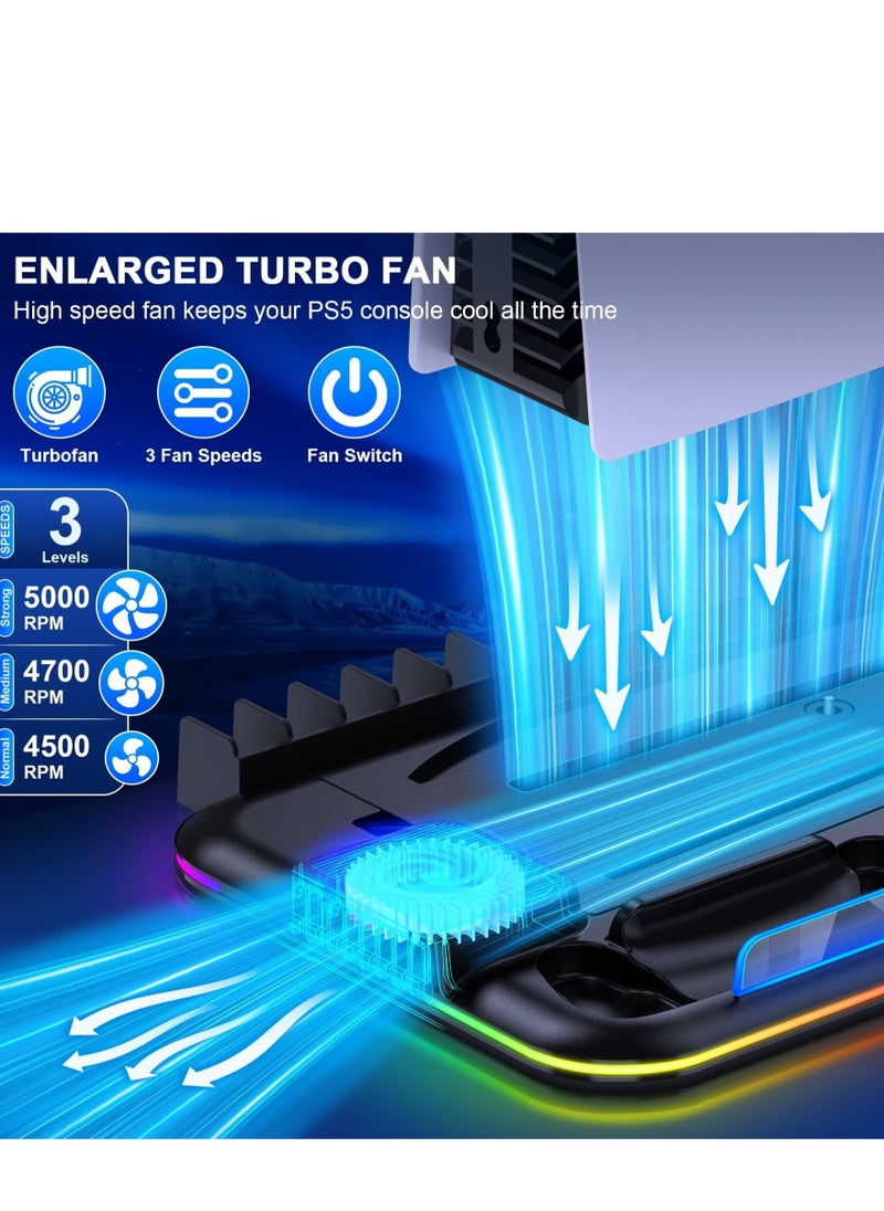 PS5 Slim Stand and Turbo Cooling Station with Controller Charging Station for Playsation 5, PS5 Accessories Incl. 3 Levels Cooling Fan, RGB Light, Headset Holder for PS5 Digital/Disc