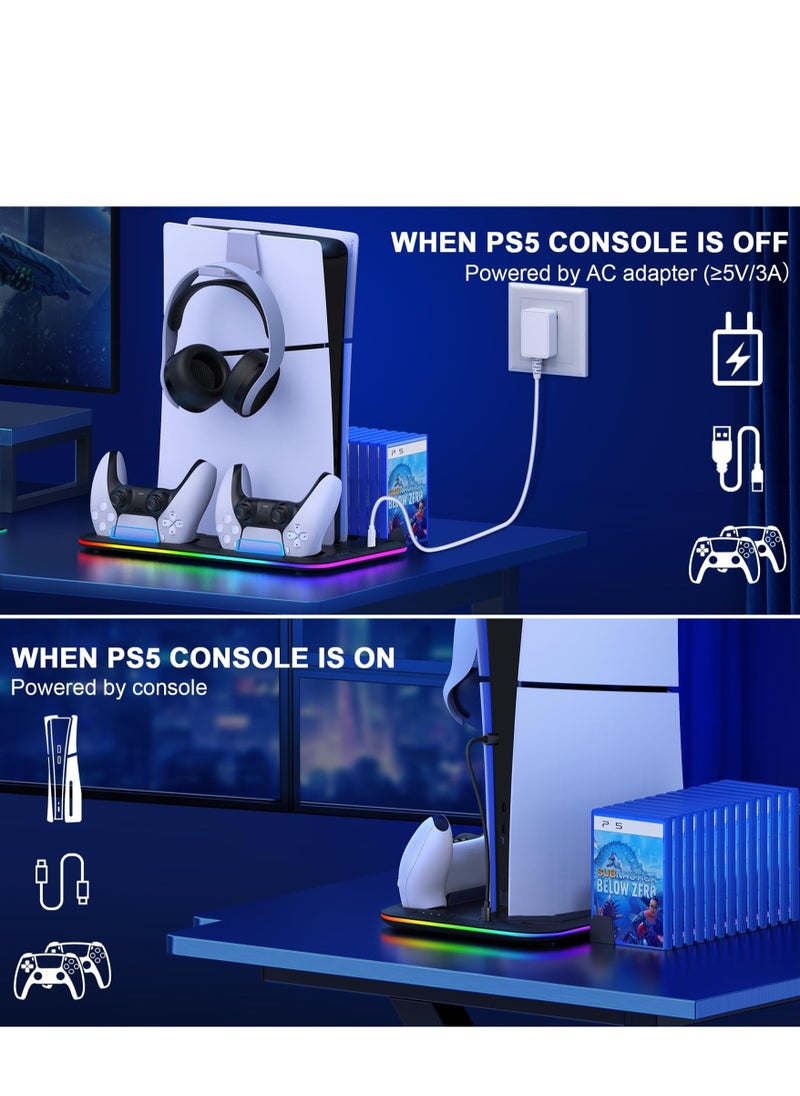 PS5 Slim Stand and Turbo Cooling Station with Controller Charging Station for Playsation 5, PS5 Accessories Incl. 3 Levels Cooling Fan, RGB Light, Headset Holder for PS5 Digital/Disc