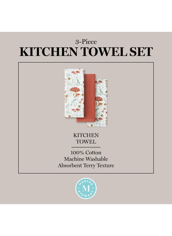 Autumn Harvest Mushroom Plaid Kitchen Towel 3-Pack Set, 100% Cotton With Absorbent Terrycloth, Decorative Kitchen Towels, Burnt Orange/Green/White, 16