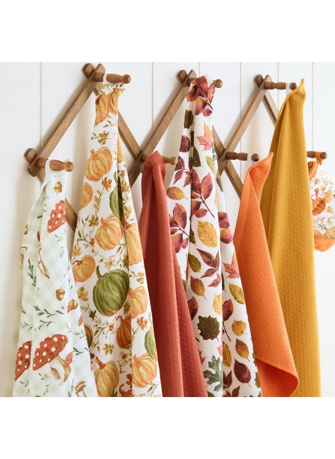 Autumn Harvest Mushroom Plaid Kitchen Towel 3-Pack Set, 100% Cotton With Absorbent Terrycloth, Decorative Kitchen Towels, Burnt Orange/Green/White, 16