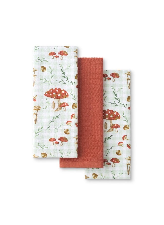 Autumn Harvest Mushroom Plaid Kitchen Towel 3-Pack Set, 100% Cotton With Absorbent Terrycloth, Decorative Kitchen Towels, Burnt Orange/Green/White, 16