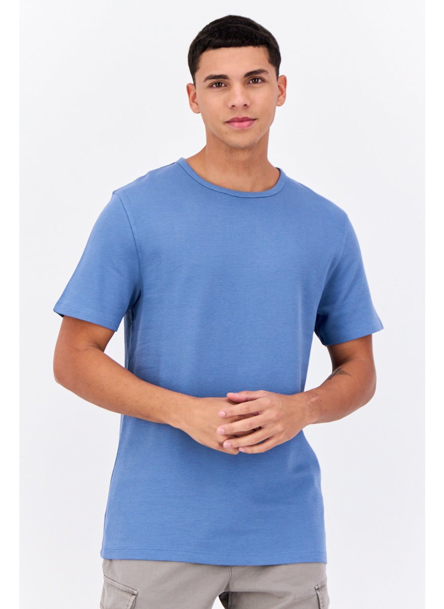 Men Crew Neck Short Sleeves Plain T-Shirt, Blue