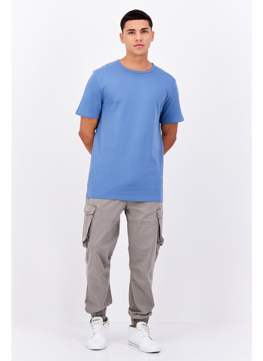 Men Crew Neck Short Sleeves Plain T-Shirt, Blue
