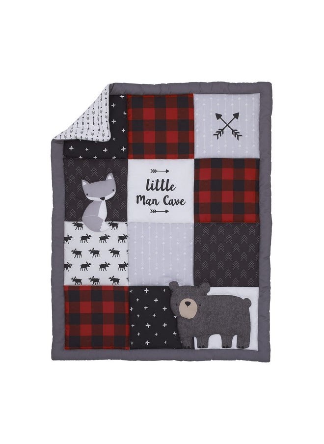 NoJo Little Love Little Man Cave Grey, Red, Black and Ivory, Bear, Fox, Moose, Buffalo Check and Arrows Rustic 3 Piece Nursery Mini Crib Set - Comforter and Two Fitted Mini Crib Sheets