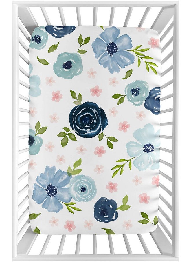 Sweet Jojo Designs Navy Blue and Pink Watercolor Floral Girl Fitted Mini Crib Sheet Baby Nursery for Portable Crib or Pack and Play - Blush, Green and White Shabby Chic Rose Flower