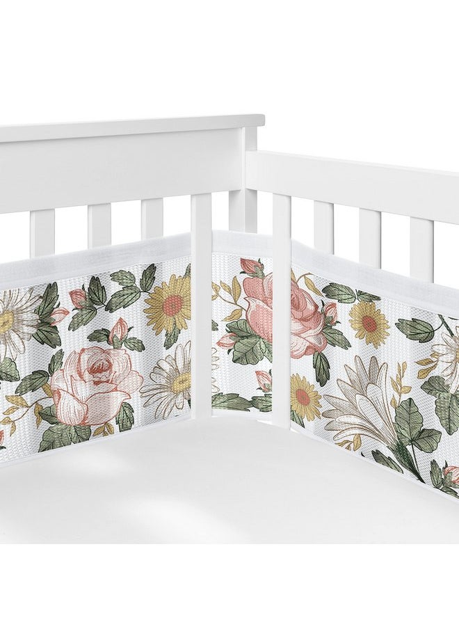 Sweet Jojo Designs + BreathableBaby Blush Pink Yellow Vintage Floral Boho Girl Breathable Mesh Crib Liner Baby Infant Bohemian Shabby Chic Daisy Flower Farmhouse Wildflower Leaf Sage Green