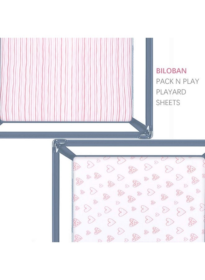 Square Playard/Playpen Fitted Sheets, Perfect for 36 X 36 Portable Playard, 2 Pack, 100% Jersey Knit Cotton Fitted Sheets, Mild Pink Stripes and Hearts Print for Baby Girls