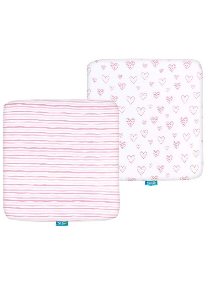 Square Playard/Playpen Fitted Sheets, Perfect for 36 X 36 Portable Playard, 2 Pack, 100% Jersey Knit Cotton Fitted Sheets, Mild Pink Stripes and Hearts Print for Baby Girls