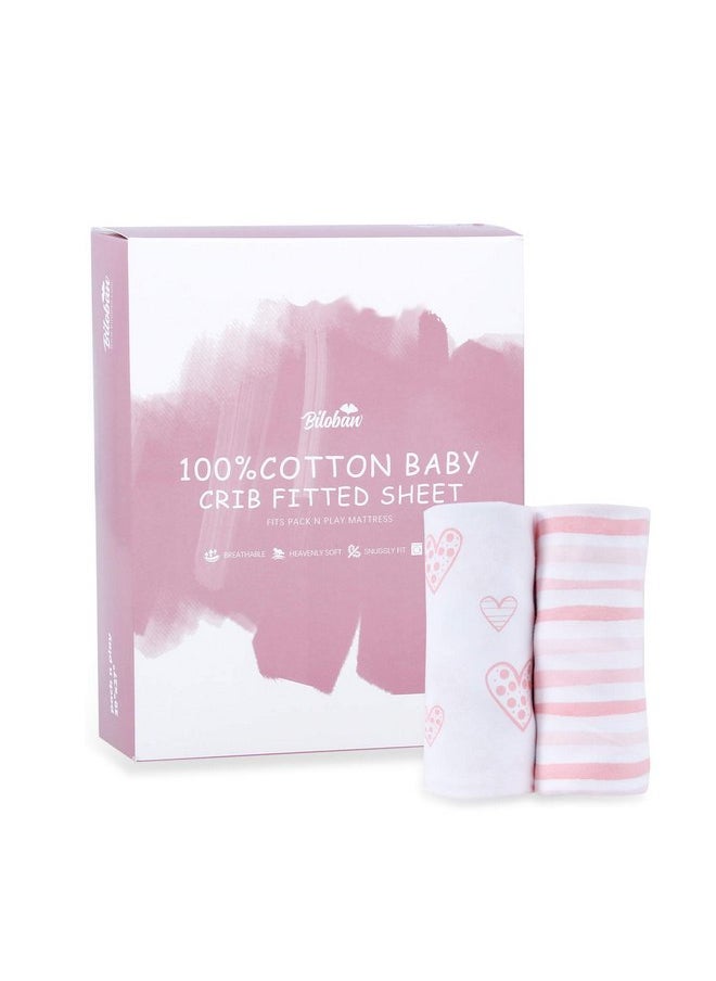 Square Playard/Playpen Fitted Sheets, Perfect for 36 X 36 Portable Playard, 2 Pack, 100% Jersey Knit Cotton Fitted Sheets, Mild Pink Stripes and Hearts Print for Baby Girls