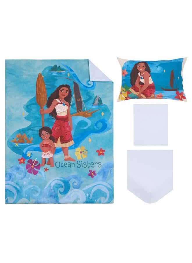 NoJo Disney Moana 2 Ocean Sisters 4 Piece Toddler Bed Set - Comforter, Fitted Bottom Sheet, Flat Top Sheet, Reversible Pillowcase, Aqua, and Orange