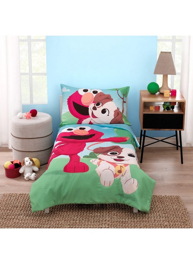 Sesame Street Furry Friends Blue, Green and Red Elmo and Puppy 4 Piece Toddler Bed Set - Comforter, Fitted Bottom Sheet, Flat Top Sheet and Reversible Pillowcase