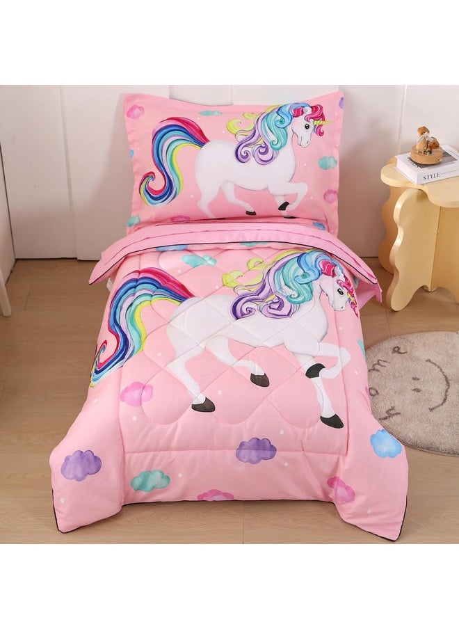 Wowelife Unicorn Toddler Bedding Set for Girls Rainbow 4 Piece Toddler Bed Sheets Sets Pink Toddler Comforter Set Kids Bag in A Bag with Comforter, Flat Sheet, Fitted Sheet and Pillowcase, Pink