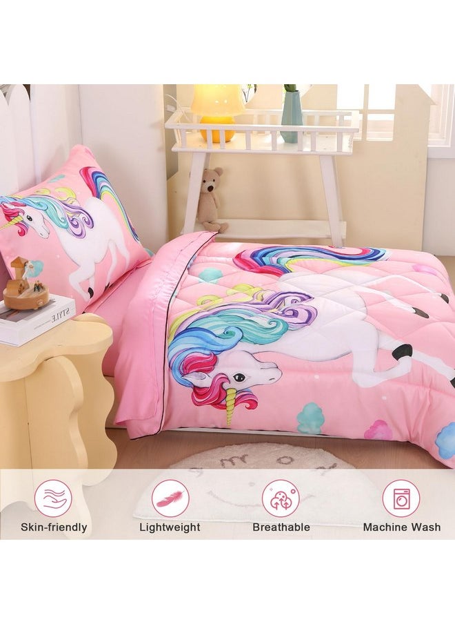 Wowelife Unicorn Toddler Bedding Set for Girls Rainbow 4 Piece Toddler Bed Sheets Sets Pink Toddler Comforter Set Kids Bag in A Bag with Comforter, Flat Sheet, Fitted Sheet and Pillowcase, Pink