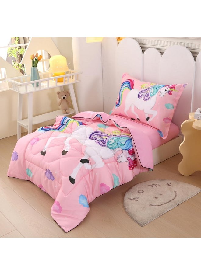 Wowelife Unicorn Toddler Bedding Set for Girls Rainbow 4 Piece Toddler Bed Sheets Sets Pink Toddler Comforter Set Kids Bag in A Bag with Comforter, Flat Sheet, Fitted Sheet and Pillowcase, Pink