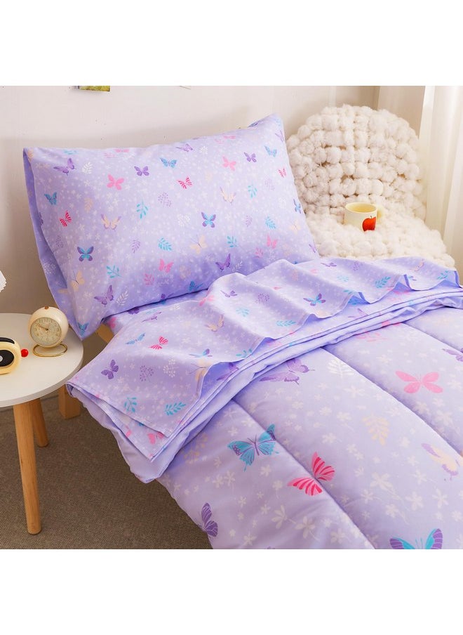 Viviland Butterfly Floral Toddler Comforter Sets, Cute Girls Toddler Bedding Set, Soft Microfiber Purple Toddler Bed Set