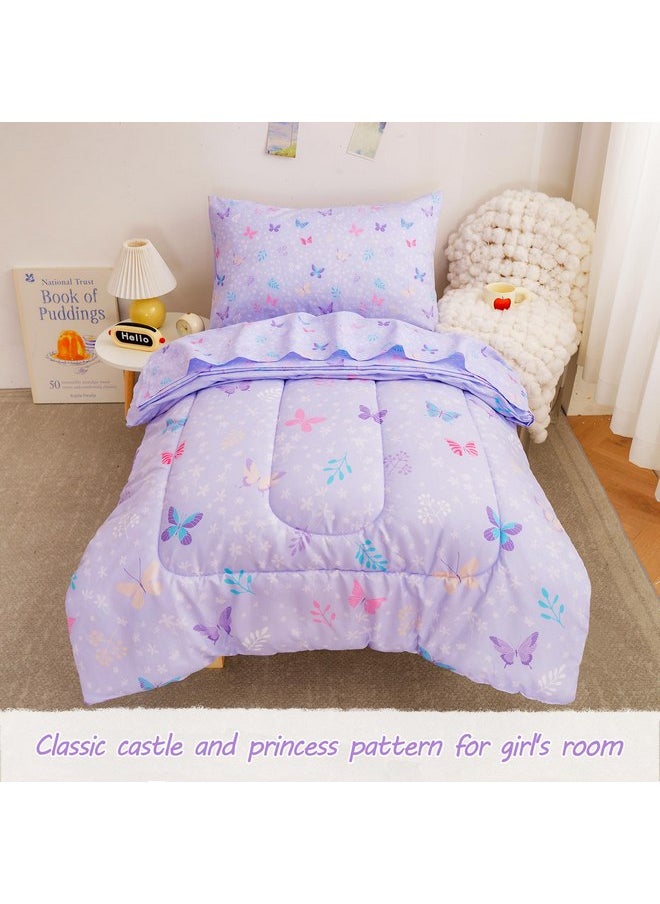 Viviland Butterfly Floral Toddler Comforter Sets, Cute Girls Toddler Bedding Set, Soft Microfiber Purple Toddler Bed Set