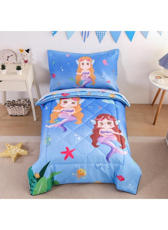 Wowelife Mermaid Toddler Bedding Sets for Girls Blue Scale Toddler Bed Sheets Sets Sea Starfish Kids Toddler Comforter Set Bed-in-a-Bag with Quilted Comforter, Flat Sheet, Fitted Sheet and Pillowcase