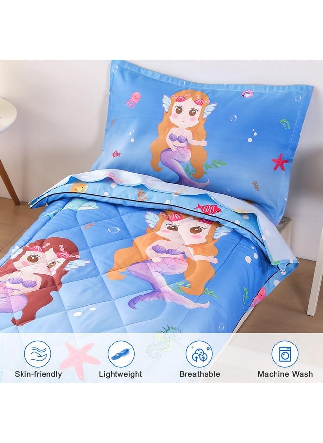 Wowelife Mermaid Toddler Bedding Sets for Girls Blue Scale Toddler Bed Sheets Sets Sea Starfish Kids Toddler Comforter Set Bed-in-a-Bag with Quilted Comforter, Flat Sheet, Fitted Sheet and Pillowcase