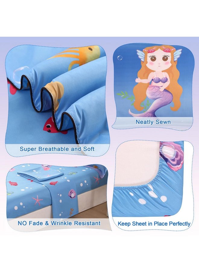 Wowelife Mermaid Toddler Bedding Sets for Girls Blue Scale Toddler Bed Sheets Sets Sea Starfish Kids Toddler Comforter Set Bed-in-a-Bag with Quilted Comforter, Flat Sheet, Fitted Sheet and Pillowcase