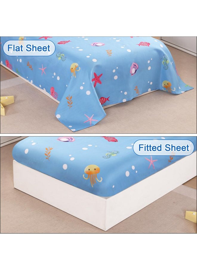 Wowelife Mermaid Toddler Bedding Sets for Girls Blue Scale Toddler Bed Sheets Sets Sea Starfish Kids Toddler Comforter Set Bed-in-a-Bag with Quilted Comforter, Flat Sheet, Fitted Sheet and Pillowcase