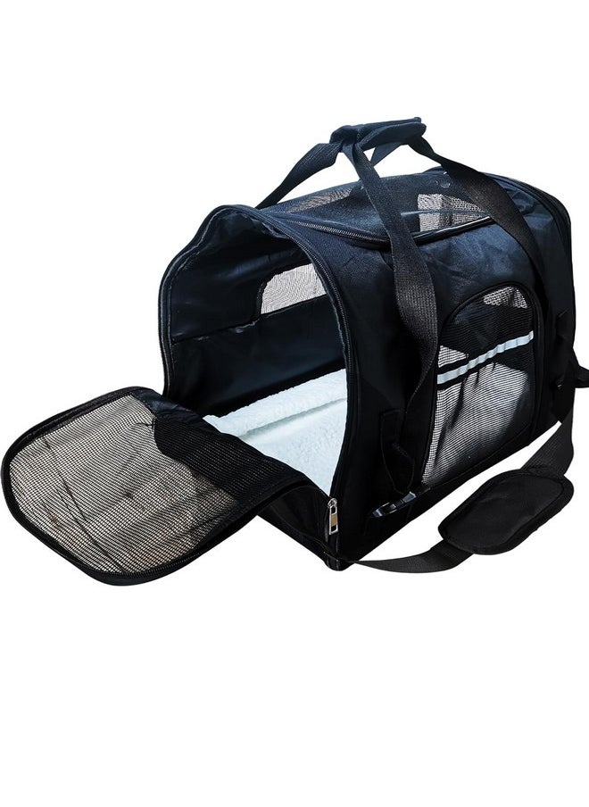 Pet Travel Carrier for Cats Dogs Puppies Bunny Breathable Mesh Foldable Pet Soft-Sided Carrier with Zippers and Strip Pet Bag for Car Plane Trains Traveling (Black)