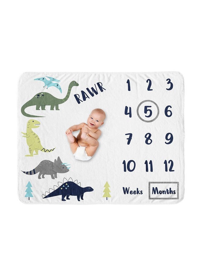 Sweet Jojo Designs Mod Dino Boy Milestone Blanket Monthly Newborn First Year Growth Mat Baby Shower Memory Keepsake Gift Picture - Blue, Green and Grey Modern Dinosaur Rawr