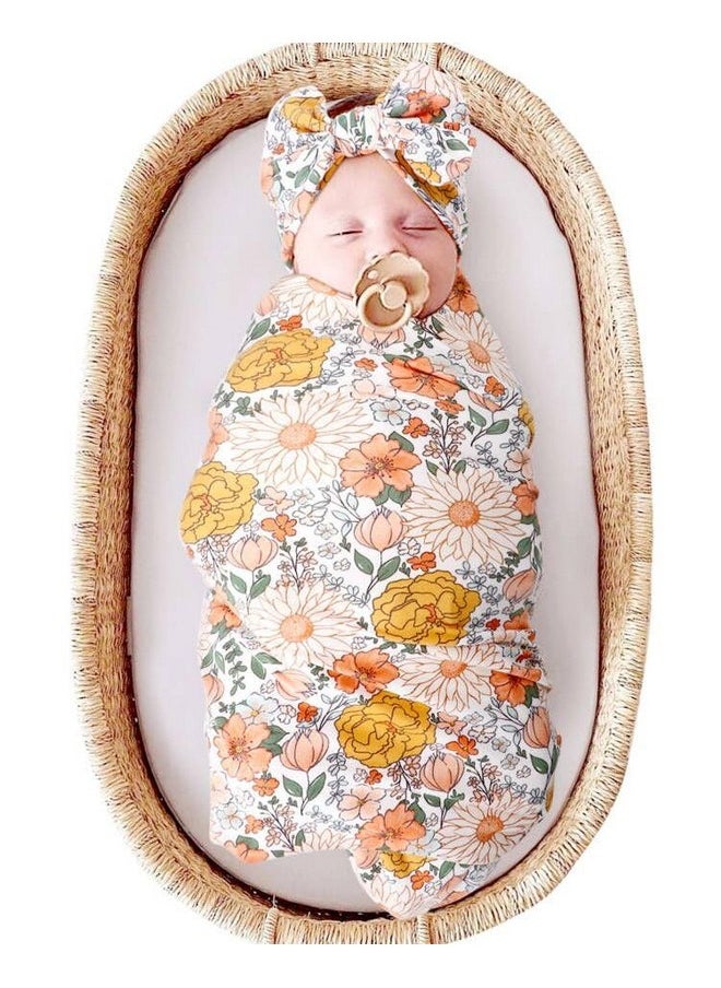 DRESHOW BQUBO Newborn Floral Receiving Blankets Newborn Baby Swaddling with Headband Set Warm Shower Gift