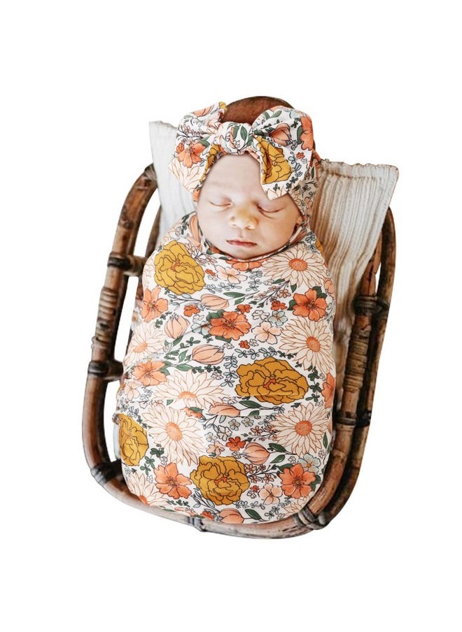 DRESHOW BQUBO Newborn Floral Receiving Blankets Newborn Baby Swaddling with Headband Set Warm Shower Gift