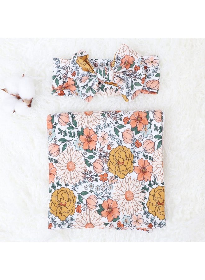 DRESHOW BQUBO Newborn Floral Receiving Blankets Newborn Baby Swaddling with Headband Set Warm Shower Gift