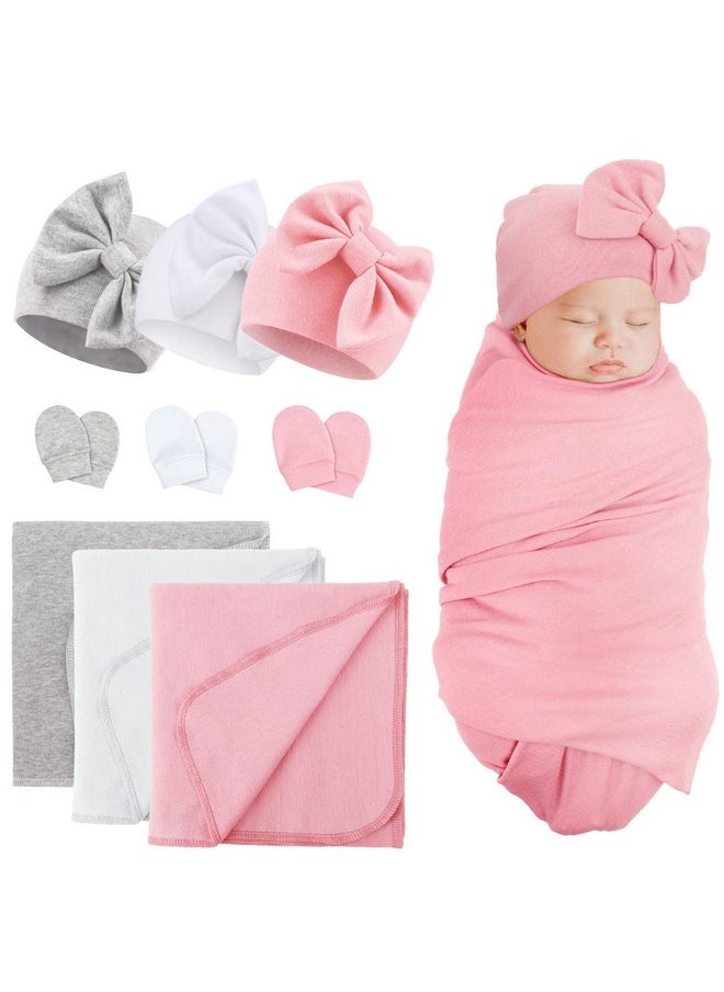 DRESHOW BQUBO Newborn Receiving Blankets Cotton Warm Sleepsack with Mittens & Bow Hats Hospital Baby Swaddling Shower Gift