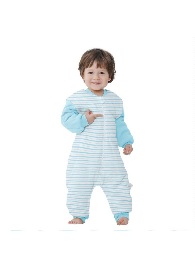 LAT Baby Sleep Bag with Feet Winter, Wearable Blanket with Legs, Warm Sack for Toddler Thicken 2.5 TOG-Sleepsuit Removable Sleeves-Hip Open With Buckle(Blue Stripes,S/80)