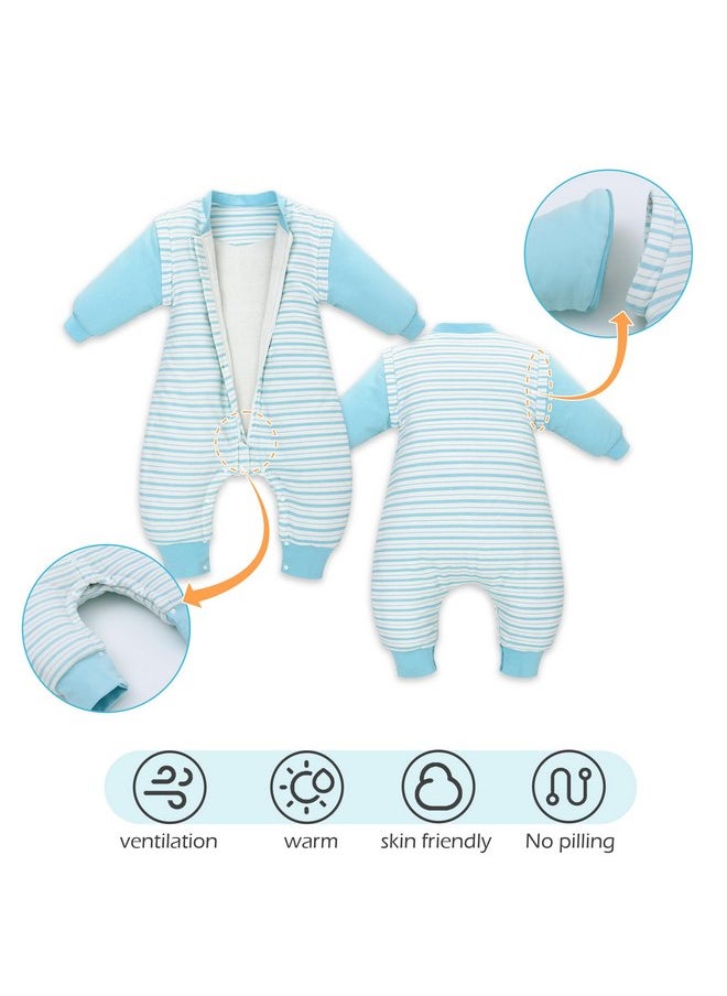 LAT Baby Sleep Bag with Feet Winter, Wearable Blanket with Legs, Warm Sack for Toddler Thicken 2.5 TOG-Sleepsuit Removable Sleeves-Hip Open With Buckle(Blue Stripes,S/80)