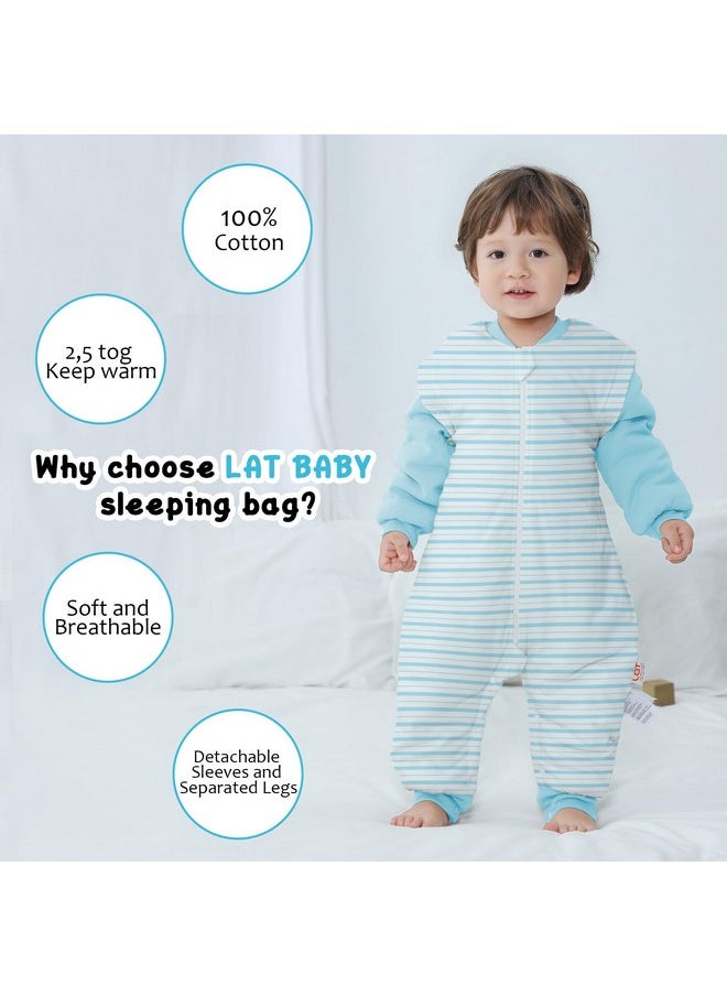 LAT Baby Sleep Bag with Feet Winter, Wearable Blanket with Legs, Warm Sack for Toddler Thicken 2.5 TOG-Sleepsuit Removable Sleeves-Hip Open With Buckle(Blue Stripes,S/80)