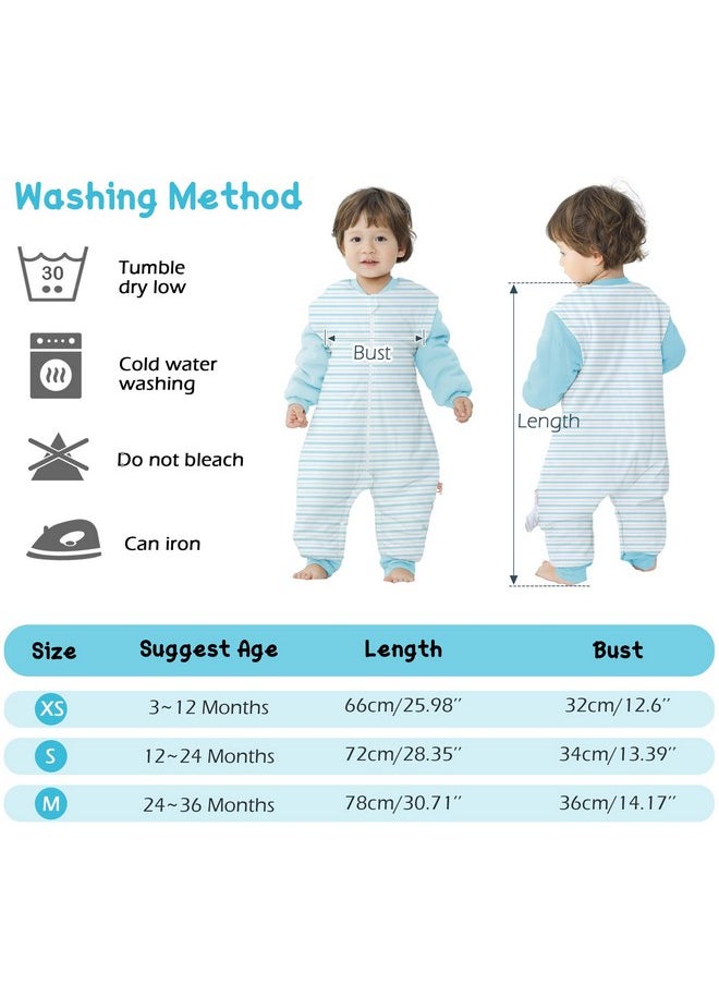 LAT Baby Sleep Bag with Feet Winter, Wearable Blanket with Legs, Warm Sack for Toddler Thicken 2.5 TOG-Sleepsuit Removable Sleeves-Hip Open With Buckle(Blue Stripes,S/80)