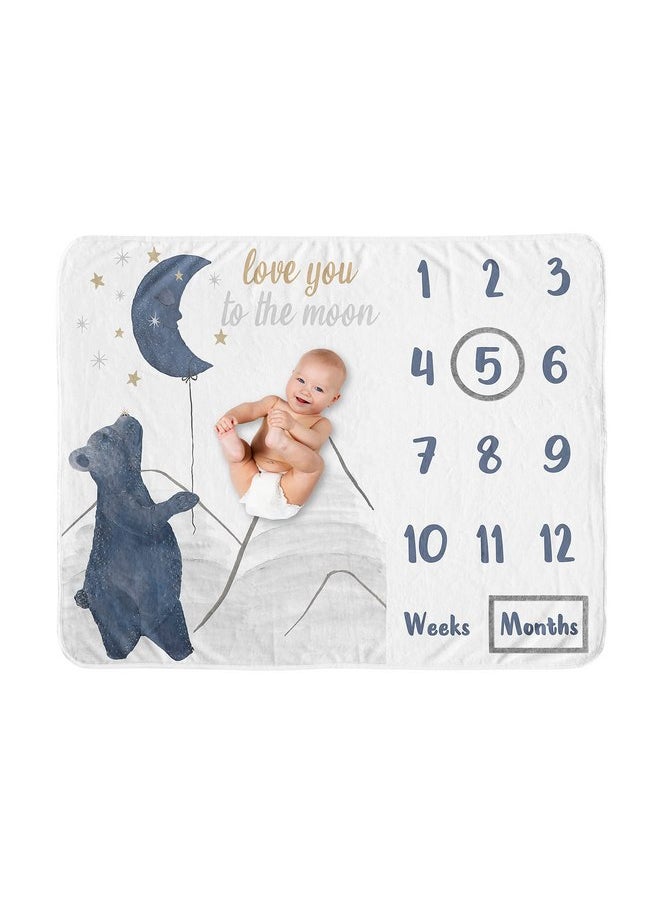 Sweet Jojo Designs Woodland Bear Boy Girl Milestone Blanket Monthly Newborn First Year Growth Mat Baby Shower Memory Keepsake Gift Picture - Navy Blue Grey Gold Black Celestial Moon Star Watercolor