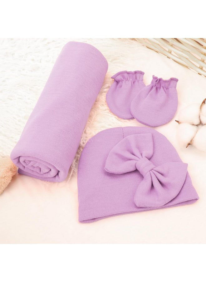 DRESHOW BQUBO Newborn Receiving Blanket Bow Hat Gloves Set Cotton Warm Baby Swaddle Blanket Wrap Baby Sleep Sack Shower Gift