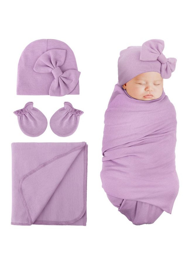 DRESHOW BQUBO Newborn Receiving Blanket Bow Hat Gloves Set Cotton Warm Baby Swaddle Blanket Wrap Baby Sleep Sack Shower Gift